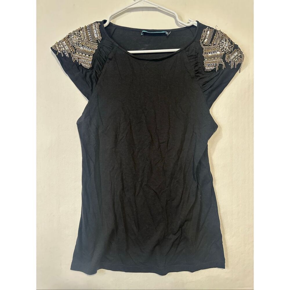 Alice + Olivia Black Embellished Shoulder Tee Top Cap Sleeve Beaded